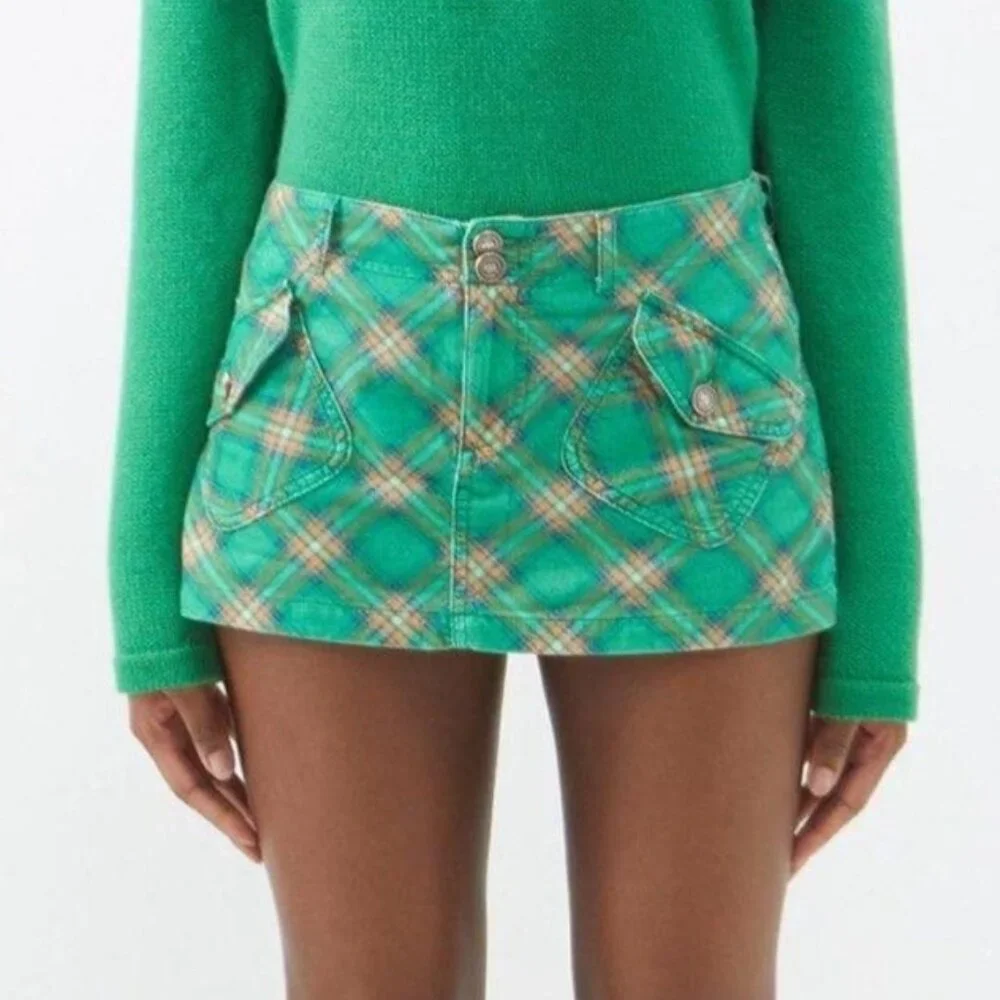 NWT ERL Checked Corduroy Mini Skirt In Green Plaid L $465